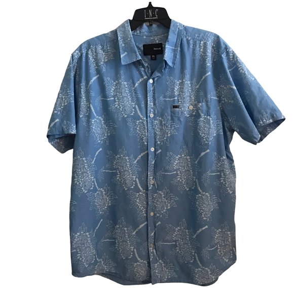 Hurley Mens XL Button Up Shirt Short Sleeve Blue Floral 100% Cotton Beach Aloha - Picture 1 of 6